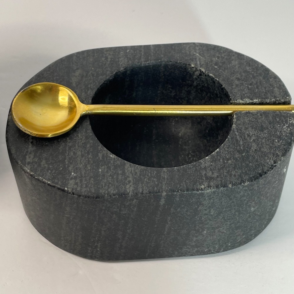 Artisanal Salt Cellar Set Smoke Fired Clay and Carved Stone with Spoons - Picture 3 of 16